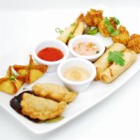 Appetizer Sampler  · Crispy spring rolls, golden fritters, curry puff, martini crispy shrimp and crab Rangoon