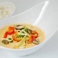 Red Curry · Spicy little salty curry with Thai eggplant, bamboo shoots and Thai basil