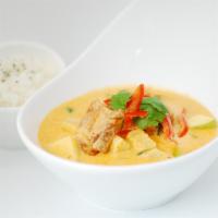 Royal Pork Belly Red Curry · Crispy pork belly, green apple, pineapple, basil and Thai red curry