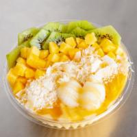 Tropical BLISS Bowl  · Base: Organic Mango, Pineapple, Orange, Banana, Almond milk
Toppings: Strawbeery, Mango, Ban...