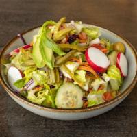 Mas Ranchero Salad · Lettuce, nopales (cactus), tomatoes, red onion, Spanish olives, cucumbers, red radish, carro...