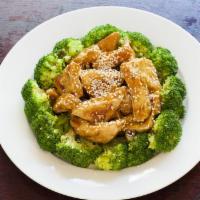 Sesame Tofu with Broccoli · With choice of rice.