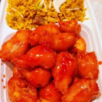 Sweet and Sour Chicken Combination Platter · With pork fried rice and egg roll. 