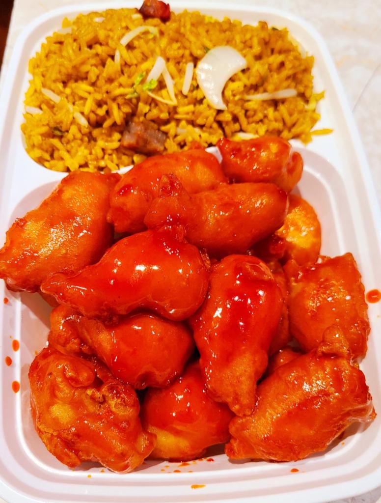 Sweet and Sour Chicken Combination Platter · With pork fried rice and egg roll. 