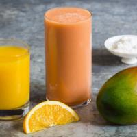 Vegan Strong Blend · 21 grams vegetarian protein, orange juice, mango, strawberries and agave.