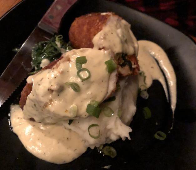 Stuffed Chicken Breast · Stuffed with sun-dried tomatoes, spinach and mozzarella cheese, fried to perfection. Served with carrot mash, citrus salad & dill cream sauce