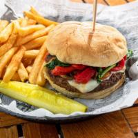 Boardwalk Burger  · 8 oz Angus burger topped with sauteed spinach, muchrooms, roasted red peppers, and mozzarell...