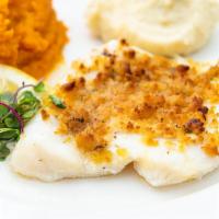 Baked Scrod · Fresh Atlantic cod fish baked in a lemon butter and sherry wine sauce dusted with seasoned r...