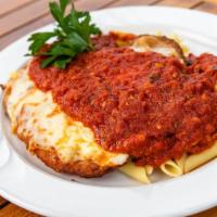 Chicken Parmesan · Lightly breaded boneless chicken breast with melted mozzarella cheese. Served with our house...