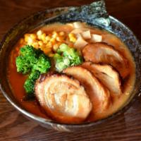 3. Miso Ramen · Soy bean paste flavored broth with 2 slices of pork, scallion, bamboo shoots, bean sprouts, ...