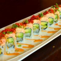 H13. NYU Special Roll · 8 pieces. In: crunch shrimp tempura, avocado. Topping: lobster salad, scallion, mango sauce,...