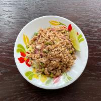 Chicken Salad Larb · Ground chicken with shallot, scallion, mint, chili and rice powder in lime dressing.