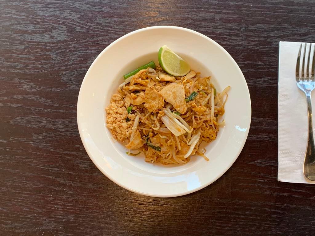 Pad Thai Noodle · Sauteed rice noodles, egg, bean curd, scallion, bean sprout and ground peanut. Gluten free.