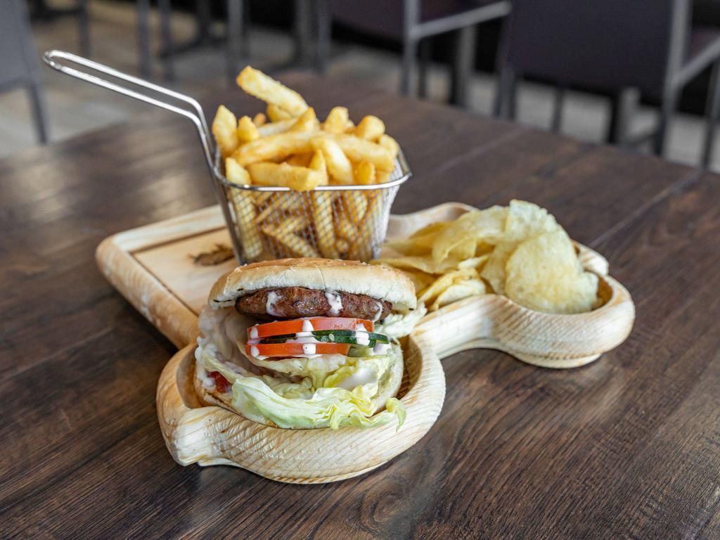 Kids Mini Burger and Fries · 5 oz. Turkish style burger cooked on the grill. Served with tomatoes, pickle green leaves and fries.