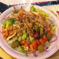 13. House salad with grilled chicken · House salad with chicken.

Lettuce, tomatoes, cucumbers, onions and olives. 

served with a ...
