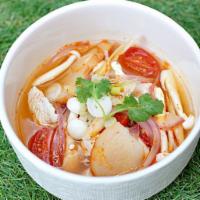 Tom Yum Noodle · Rice Noodle, BBQ Pork, Chicken. Boiled egg, Bean Sprout, Red Onion, Cilantro, Pickle Turnip,...