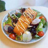 Grilled Salmon Salad · Grilled salmon, mixed green, romaine lettuce, radish, tomato, wasabi dressing, mayo sauce.