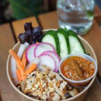 Grilled Chicken Bowl · Jasmine rice, grilled marinated chicken, mixed green, cucumber, pickle, radish, peanut sauce...