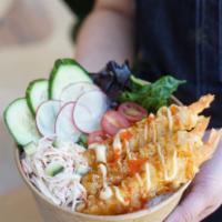 Shrimp Tempura Bowl · Jasmine rice, fried shrimp tempura, crabmeat salad, tomato, cucumber, mixed green, teriyaki ...