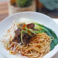 Beef Noodle Soup · Ramen Noodle, Marinated Beef, Bok Choy, Bean Sprout, Scallion, Chili Oil, Beef Broth