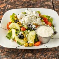  Greek Salad · Tomatoes, cucumbers, onions, olives, and feta cheese.