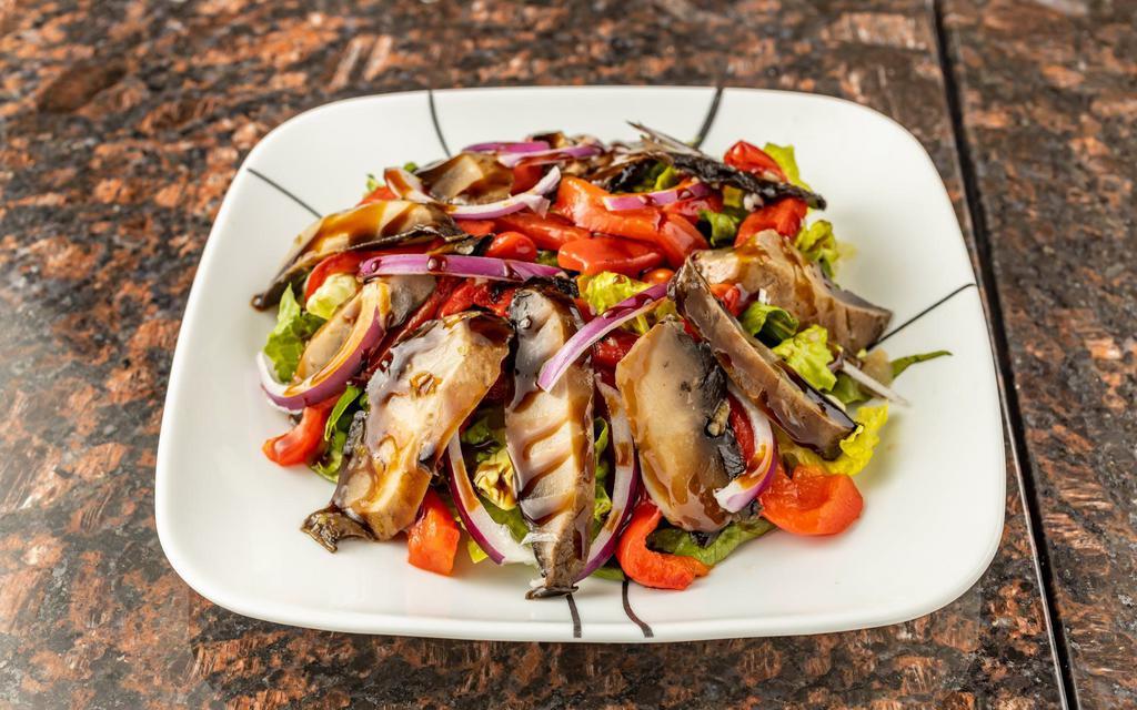 Insalata Portobello Salad · Grilled portobello mushrooms, tomatoes & peppers with sweet teriyaki over a bed of mixed greens.