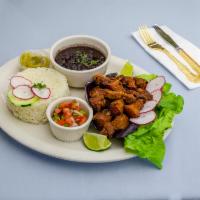Chicharron · Fried pork belly with fried cassava, mayo-ketchup, and pico de gallo.