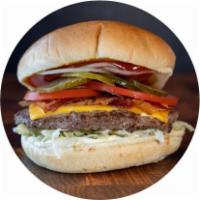 Bacon Burger · Choose your toppings: grilled onions, lettuce, tomato, onion, pickles, jalapeno, peppers, ke...