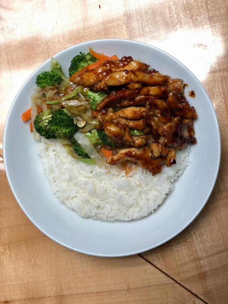Chicken Teriyaki · Japanese chicken teriyaki with grilled cabbage,carrot,broccoli and white rice