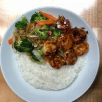 Shrimp teriyaki · Japanese shrimp teriyaki with grilled cabbage,carrot,broccoli and white rice