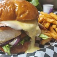 Cordon Blue Burger Basket · 6 oz. chicken breast with bacon, ham, Swiss cheese, lettuce, tomato, sauteed onions and hone...