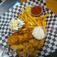 Seafood Basket · Deep fried shrimp, clam strips and fish fillets.