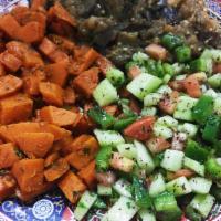 Moroccan Salad Sampler · Trio of Moroccan Salads: Roasted Eggplant, Ginger Carrot Salad, and Shepherd's Salad (Cucumb...