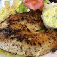 Tilapia Dinner Plate · Served with salad, garlic bread and choice of french fries or rice.