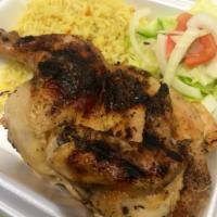 1/2 Chicken Dinner Plate · Greek, BBQ or plain. Served with salad, garlic bread and choice of french fries or rice.