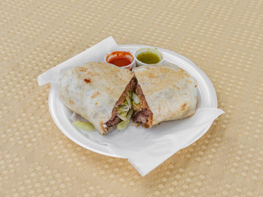 Burrito · Come with beans tomato, lettuce, avocado, rice jalapeno, and your choice of meat.