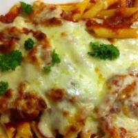 Baked Ziti · Penne pasta with ricotta cheese in tomato sauce topped with melted mozzarella.