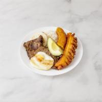 42. Grilled Beef Typical Platter · Bandeja con carne asada. Grilled beef, fried egg, beans, pork rind, sweet plantain, avocado ...
