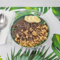 SPIRULINA BOWL · Avocado, Dates, Green Spirulina, Chia Seed, Cacao Nibs, Granola, Coconut Milk.