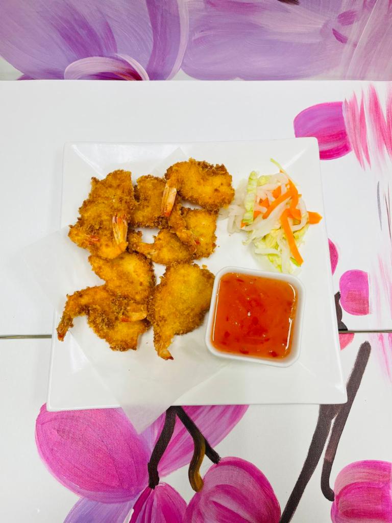 A3. Fried Shrimp Tempura ( 6 ) · Whole shrimp tossed with panko flake and deep fried golden brown. Served w/ sweet chili sauce.