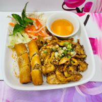 B2. Grilled Chicken And Egg Rolls Bowl · Grilled chicken and egg rolls. Served with rice noodles, bean sprouts, cucumber, basil, lett...