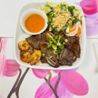 B5. Grilled Beef Short Ribs, Shrimp Bowl · Grilled Short Ribs and shrimp, Served with rice noodles, bean sprouts, cucumber, basil, lett...