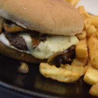 Swiss Mushroom Burger Combo · Melted white cheese, grilled mushrooms,  on a buttered bun.