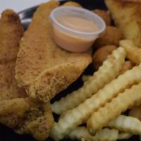 Catfish Plate · 2 Catfish fillets hush-puppy and French fries , 1 serving of tartar sauce buttered Texas toa...