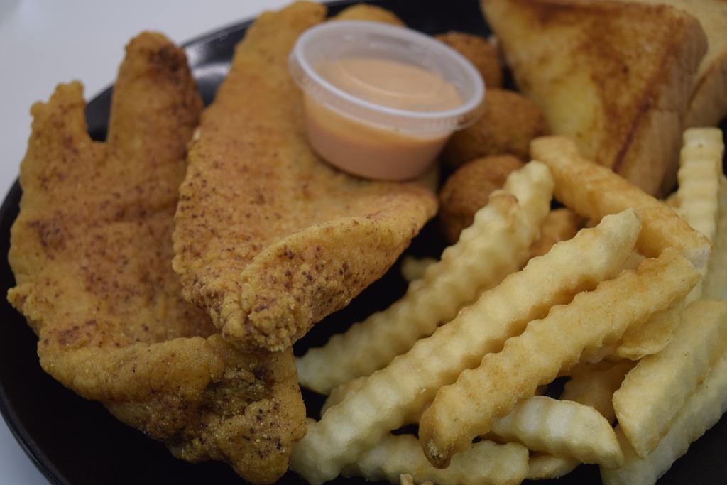 Catfish Plate · 2 Catfish fillets hush-puppy and French fries , 1 serving of tartar sauce buttered Texas toast.