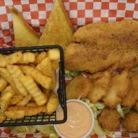 Seafood Plate · 1 Catfish fillet 3 butterfly shrimp hushpuppy and French fries   serving  1 tartar sauce but...