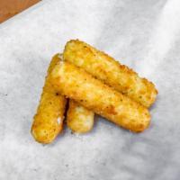 Mozzarella Cheese Sticks · Mozzarella cheese that has been coated and fried.
