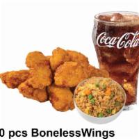 3. Six Boneless Wings Combo · Cooked boneless wings of a chicken coated in sauce or seasoning. 