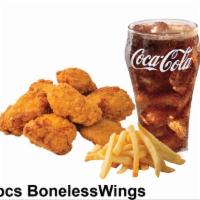 4. Ten Boneless Wings Combo · Cooked boneless wings of a chicken coated in sauce or seasoning. 
