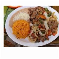 Bistek a la Mexicana Dinner · Sliced grilled seasoned skirt steak mixed with onions, jalapenos and tomatoes. Served with c...